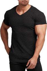 Men'S Muscle T Shirts Stretch Short Sleeve V Neck Bodybuilding Workout Tee Shirts Ribbed Knit Shirt